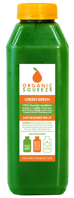 Juice bottle with Organic Squeeze logo